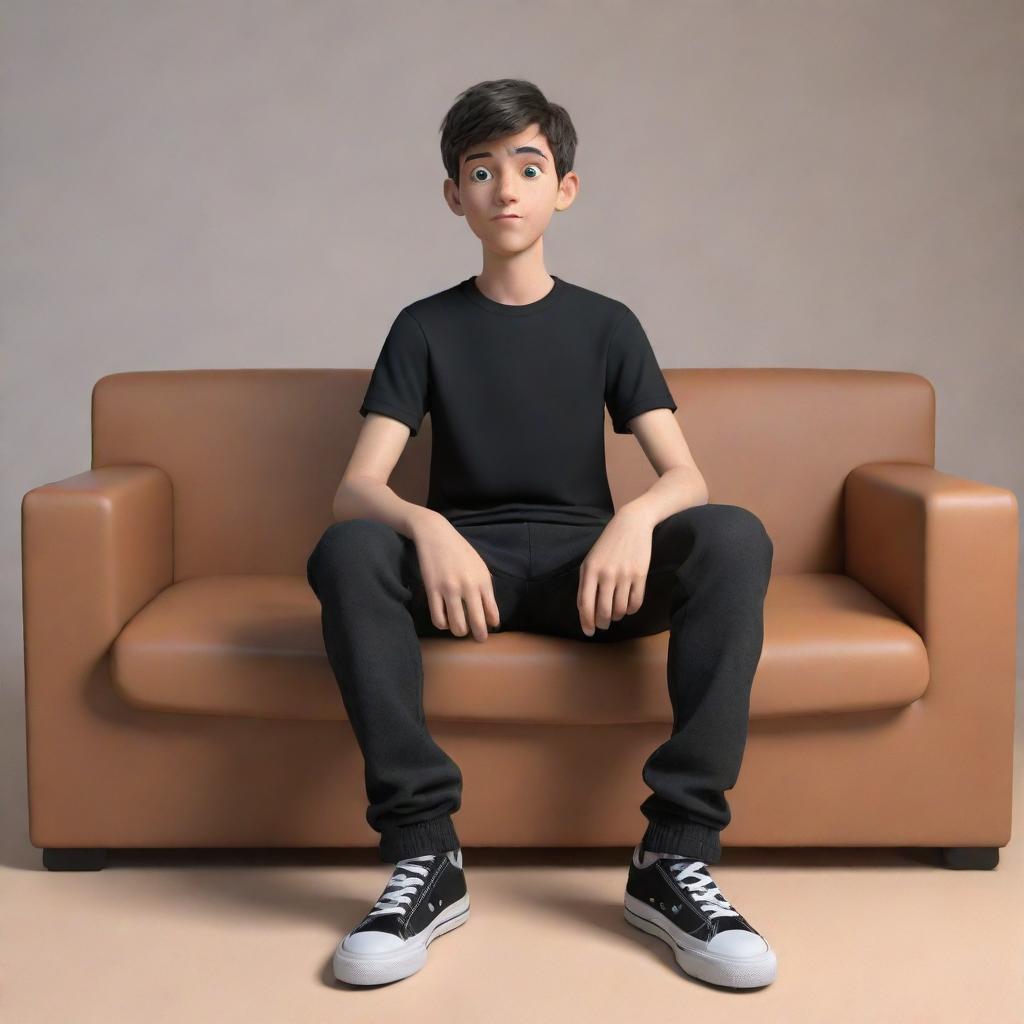 3D illusion of a 20-year-old cartoon character boy wearing a black shirt with sneakers, sitting on a sofa