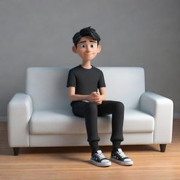 3D illusion of a 20-year-old cartoon character boy wearing a black shirt with sneakers, sitting on a sofa