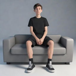 3D illusion of a 20-year-old cartoon character boy wearing a black shirt with sneakers, sitting on a sofa