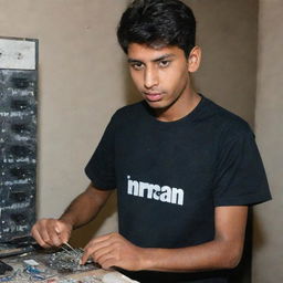 A 19-year-old boy working on an electrical DB, wearing a black t-shirt with the word 'IMRAN' written on the back.