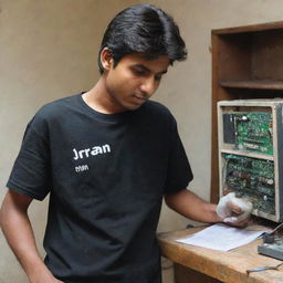 A 19-year-old boy working on an electrical DB, wearing a black t-shirt with the word 'IMRAN' written on the back.