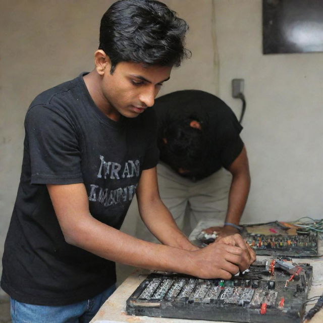 A 19-year-old boy working on an electrical DB, wearing a black t-shirt with the word 'IMRAN' written on the back.