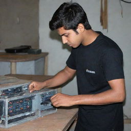 A 19-year-old boy working on an electrical DB, wearing a black t-shirt with the word 'IMRAN' written on the back.