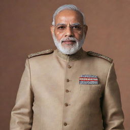 A distinguished portrait of Prime Minister Narendra Modi dressed in the regalia of an Indian army officer, exuding authority and respect