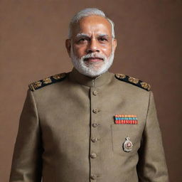 A distinguished portrait of Prime Minister Narendra Modi dressed in the regalia of an Indian army officer, exuding authority and respect