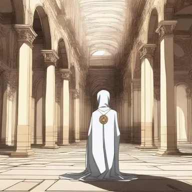 The protagonist of the anime series found solace in the peaceful narthex of the ancient basilica.