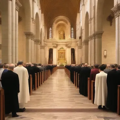 The religious congregation gathered in the narthex before entering the main sanctuary for the service.
