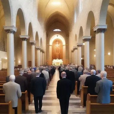 The religious congregation gathered in the narthex before entering the main sanctuary for the service.