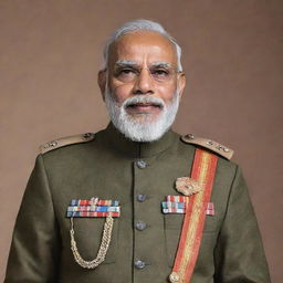 A distinguished portrait of Prime Minister Narendra Modi dressed in the regalia of an Indian army officer, exuding authority and respect