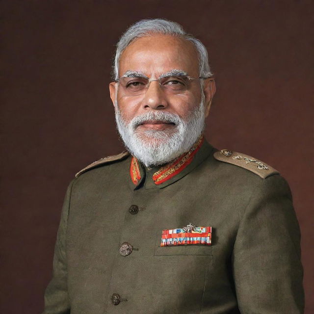 A distinguished portrait of Prime Minister Narendra Modi dressed in the regalia of an Indian army officer, exuding authority and respect