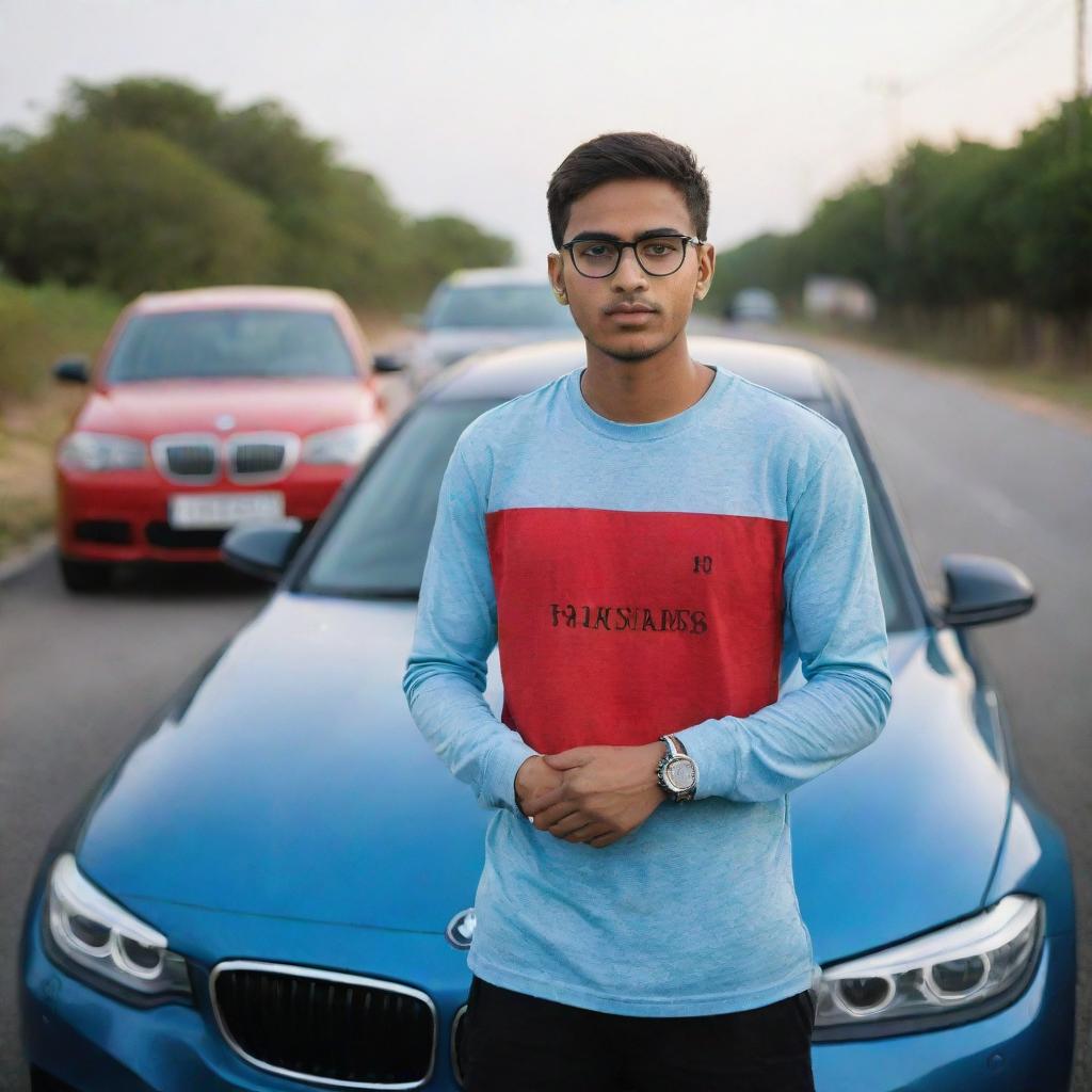 A 20-year-old fitness enthusiast in a sky-blue t-shirt, luxury red-black watch and glasses, stands beside his parked BMW car on a road imbued with soft blur and sparkles. Car has 'Rana Adeeb' written on it.