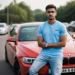 A 20-year-old fitness enthusiast in a sky-blue t-shirt, luxury red-black watch and glasses, stands beside his parked BMW car on a road imbued with soft blur and sparkles. Car has 'Rana Adeeb' written on it.