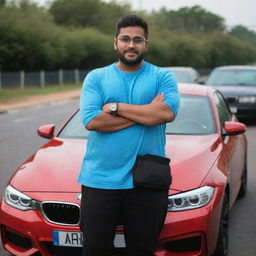 A 20-year-old fitness enthusiast in a sky-blue t-shirt, luxury red-black watch and glasses, stands beside his parked BMW car on a road imbued with soft blur and sparkles. Car has 'Rana Adeeb' written on it.