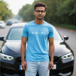 A 20-year-old fitness enthusiast in a sky-blue t-shirt, luxury red-black watch and glasses, stands beside his parked BMW car on a road imbued with soft blur and sparkles. Car has 'Rana Adeeb' written on it.