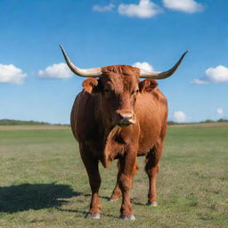 An energetic red bull standing in a pasture under a vibrant blue sky