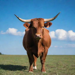 An energetic red bull standing in a pasture under a vibrant blue sky