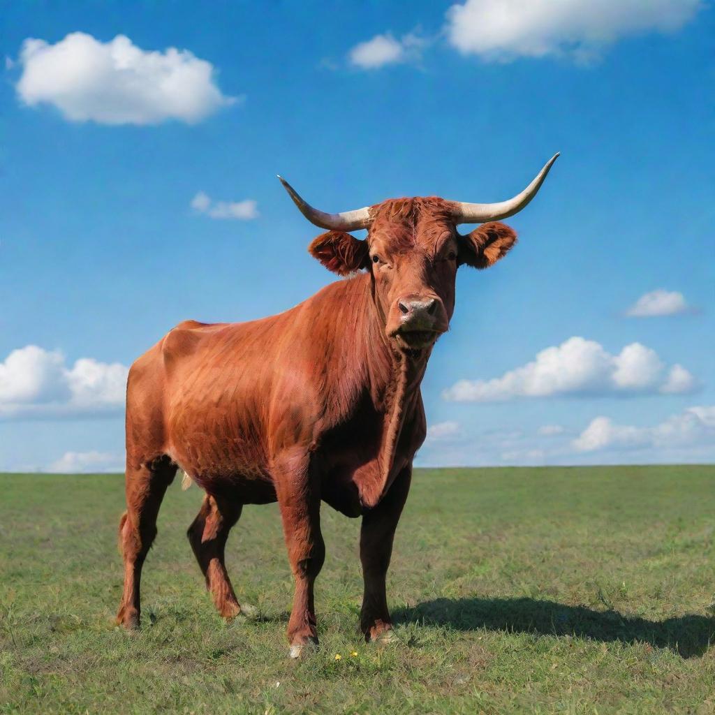 An energetic red bull standing in a pasture under a vibrant blue sky