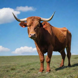 An energetic red bull standing in a pasture under a vibrant blue sky