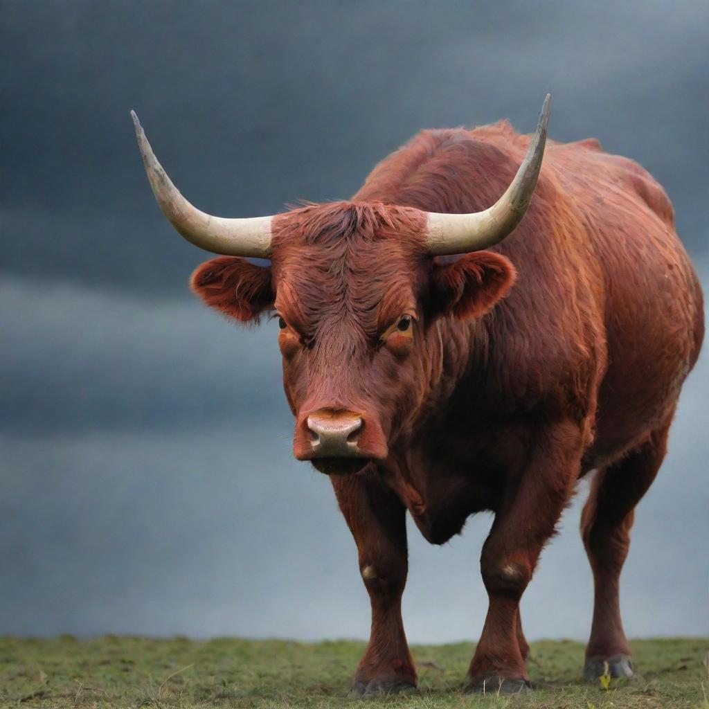 A fiery red bull displaying signs of anger, its eyes wild, set against a stormy background