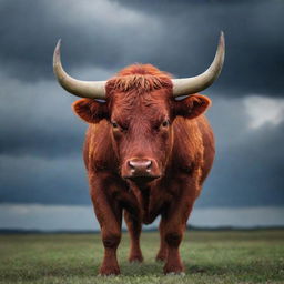 A fiery red bull displaying signs of anger, its eyes wild, set against a stormy background