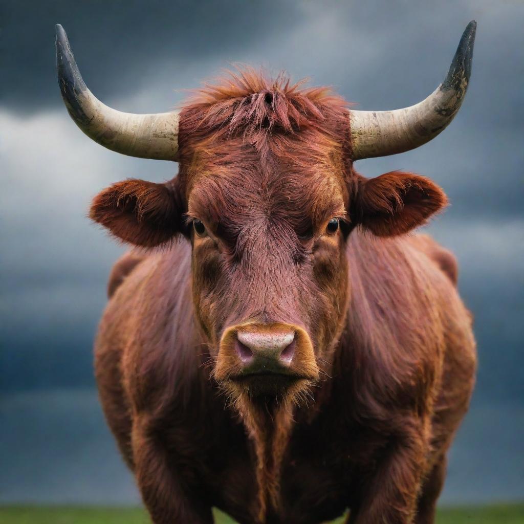 A fiery red bull displaying signs of anger, its eyes wild, set against a stormy background