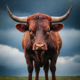 A fiery red bull displaying signs of anger, its eyes wild, set against a stormy background