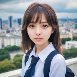 A vibrant anime-style girl with large expressive eyes, wearing a school uniform against a serene cityscape backdrop