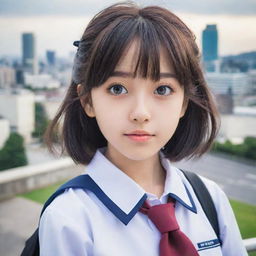 A vibrant anime-style girl with large expressive eyes, wearing a school uniform against a serene cityscape backdrop