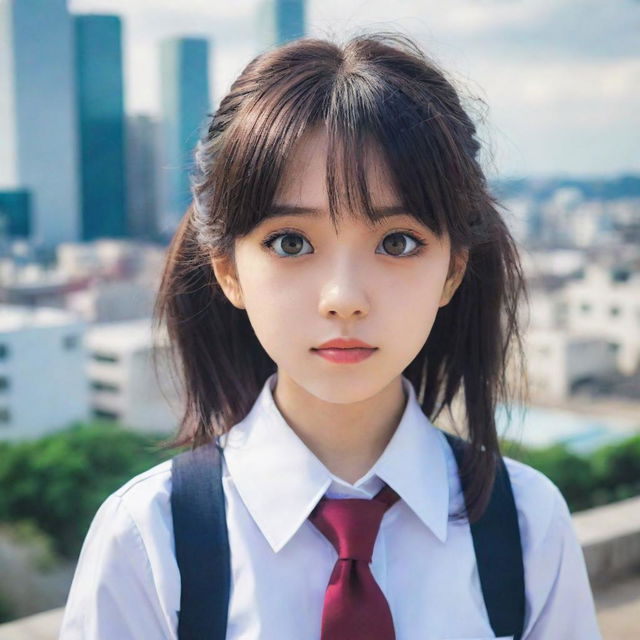 A vibrant anime-style girl with large expressive eyes, wearing a school uniform against a serene cityscape backdrop