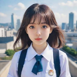 A vibrant anime-style girl with large expressive eyes, wearing a school uniform against a serene cityscape backdrop