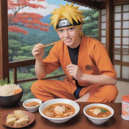 Naruto Uzumaki, the anime character, sitting and joyfully eating butter chicken, with chopsticks, surrounded by Japanese anime-style environment.