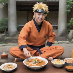 Naruto Uzumaki, the anime character, sitting and joyfully eating butter chicken, with chopsticks, surrounded by Japanese anime-style environment.