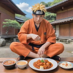 Naruto Uzumaki, the anime character, sitting and joyfully eating butter chicken, with chopsticks, surrounded by Japanese anime-style environment.