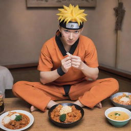 Naruto Uzumaki, the anime character, sitting and joyfully eating butter chicken, with chopsticks, surrounded by Japanese anime-style environment.