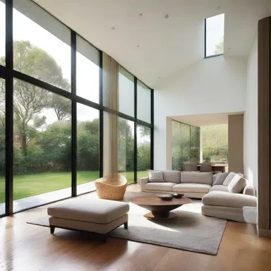 The architect incorporated large windows to allow natural light to flood into the outlying rooms of the modern house.