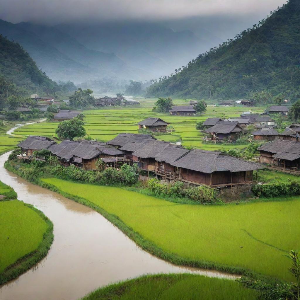 An idyllic scene of an Asian countryside with traditional houses, surrounded by lush rice fields, a gentle river flowing by, with the backdrop of misty mountains in the distance.