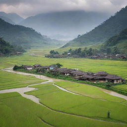 An idyllic scene of an Asian countryside with traditional houses, surrounded by lush rice fields, a gentle river flowing by, with the backdrop of misty mountains in the distance.