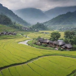 An idyllic scene of an Asian countryside with traditional houses, surrounded by lush rice fields, a gentle river flowing by, with the backdrop of misty mountains in the distance.