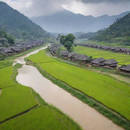 An idyllic scene of an Asian countryside with traditional houses, surrounded by lush rice fields, a gentle river flowing by, with the backdrop of misty mountains in the distance.