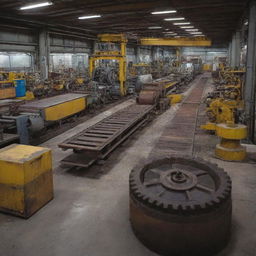 An active industrial scene with various mechanical hazards such as exposed gears, conveyor belts in motion, and warning signs