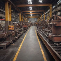 An active industrial scene with various mechanical hazards such as exposed gears, conveyor belts in motion, and warning signs