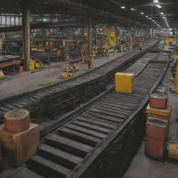 An active industrial scene with various mechanical hazards such as exposed gears, conveyor belts in motion, and warning signs