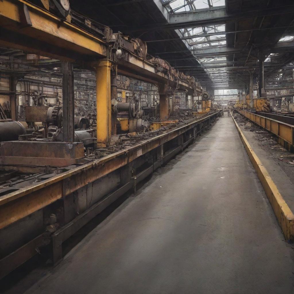 An active industrial scene with various mechanical hazards such as exposed gears, conveyor belts in motion, and warning signs