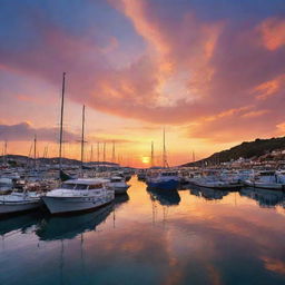 A detailed and colorful image representing Zaila Port with various boats anchored, glistening waters, and a stunningly colorful sunset sky backdrop.