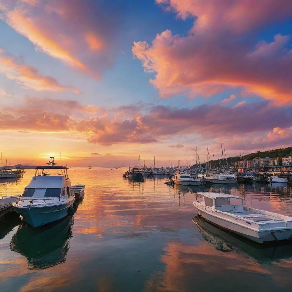 A detailed and colorful image representing Zaila Port with various boats anchored, glistening waters, and a stunningly colorful sunset sky backdrop.