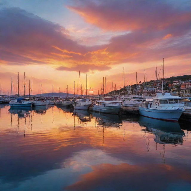 A detailed and colorful image representing Zaila Port with various boats anchored, glistening waters, and a stunningly colorful sunset sky backdrop.