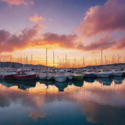 A detailed and colorful image representing Zaila Port with various boats anchored, glistening waters, and a stunningly colorful sunset sky backdrop.