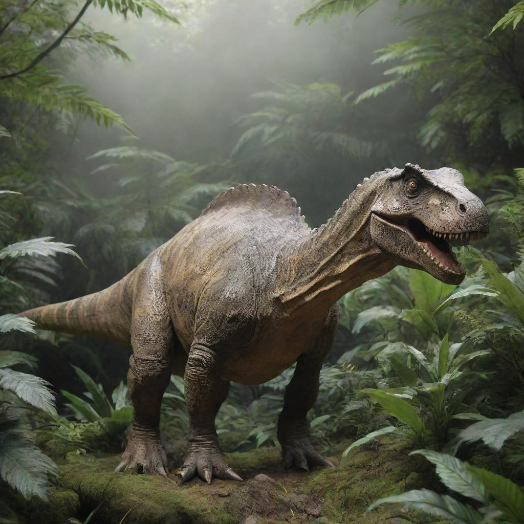 A detailed, lifelike dinosaur standing amid lush prehistoric vegetation.