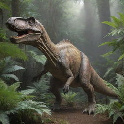 A detailed, lifelike dinosaur standing amid lush prehistoric vegetation.