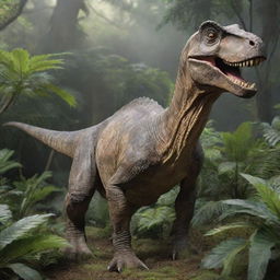 A detailed, lifelike dinosaur standing amid lush prehistoric vegetation.
